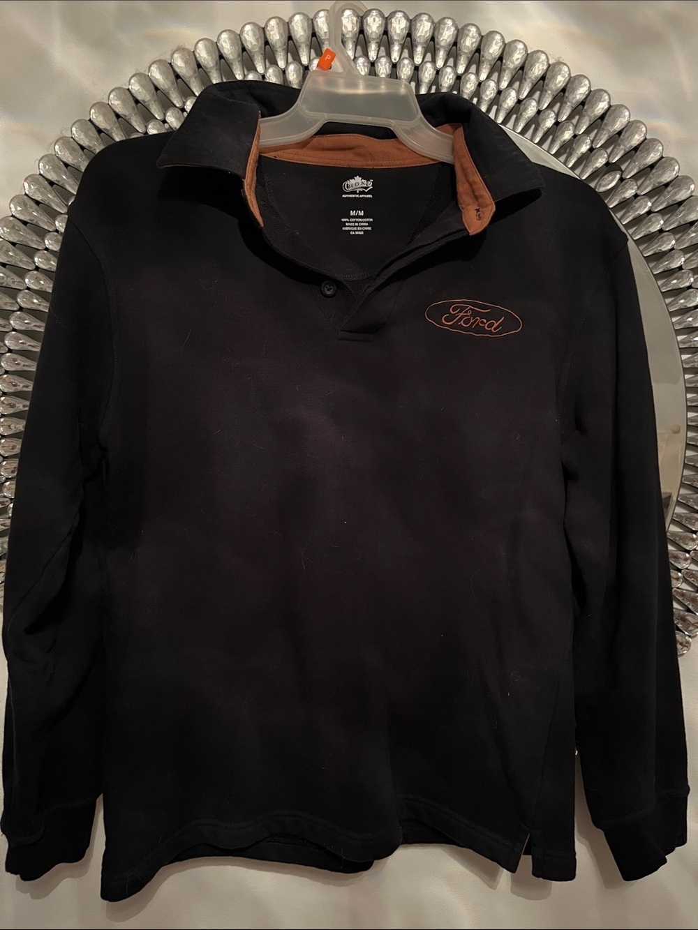 Ford Black Long-Sleeve Polo with Brown Trim